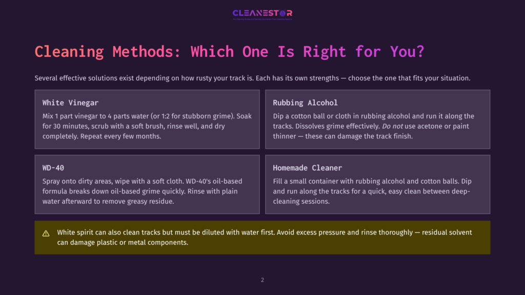2 Cleaning Methods Which One Is Right For You 1 Cleanestor Logo At The Top Of A Dark Purple Background With Text Detailing Four Cleaning Methods For Tracks: White Vinegar, Rubbing Alcohol, Wd-40, And Homemade Cleaner. A Yellow Warning Box Is At The Bottom.