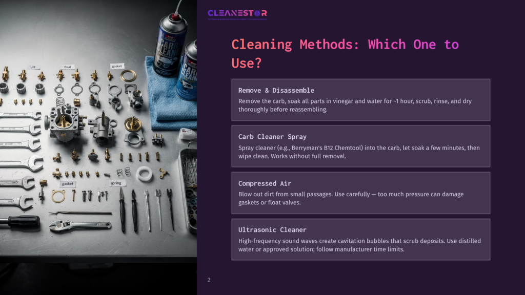 2 Cleaning Methods Which One To Use 1 A Flat Lay Of Disassembled Carburetor Parts, Tools, And Two Cans Of Carb Cleaner Spray. Text Overlays Describe Cleaning Methods: &Quot;Remove &Amp; Disassemble&Quot;, &Quot;Carb Cleaner Spray&Quot;, &Quot;Compressed Air&Quot;, And &Quot;Ultrasonic Cleaner&Quot;.