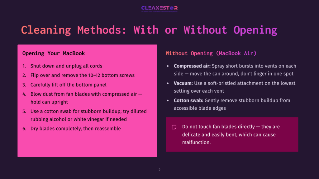 Slide Titled &Quot;Cleaning Methods: With Or Without Opening&Quot; Showing Two Columns: &Quot;Opening Your Macbook&Quot; With Steps 1-6, And &Quot;Without Opening (Macbook Air)&Quot; With Tips For Compressed Air, Vacuum, And Cotton Swabs. Text Emphasizes Not Touching Fan Blades.