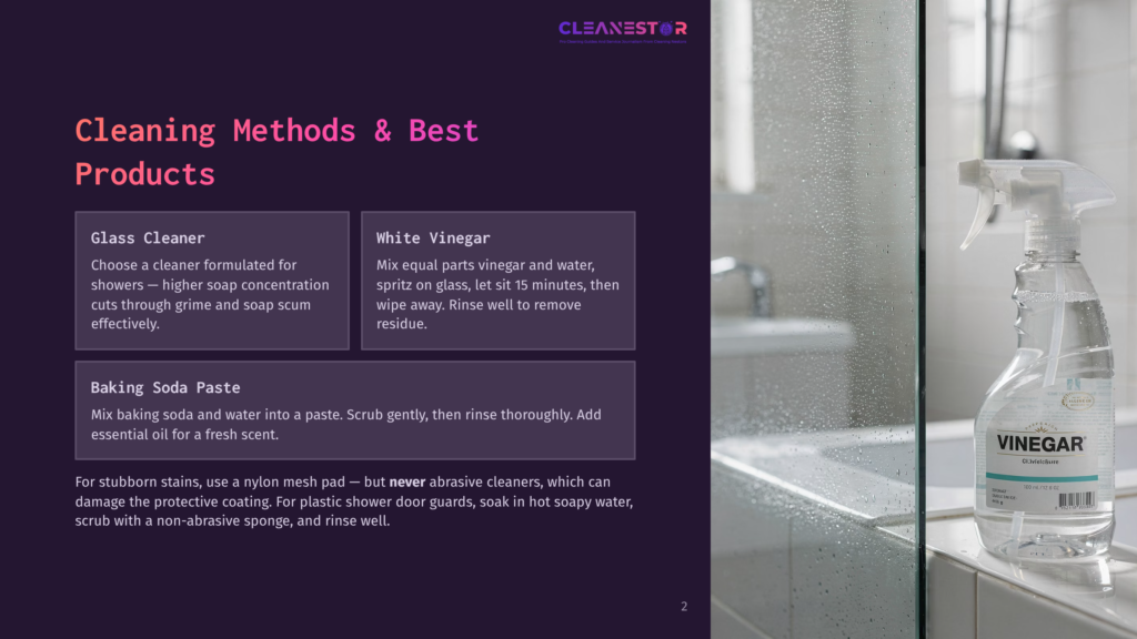 2 Cleaning Methods And Best Products Close-Up Of A Clear Spray Bottle Labeled &Quot;Vinegar&Quot; With A White Nozzle, Sitting On A Wet Glass Shower Door. The Bottle Contains A Light-Colored Liquid And The Label Also Reads &Quot;G2 Solutions&Quot;.