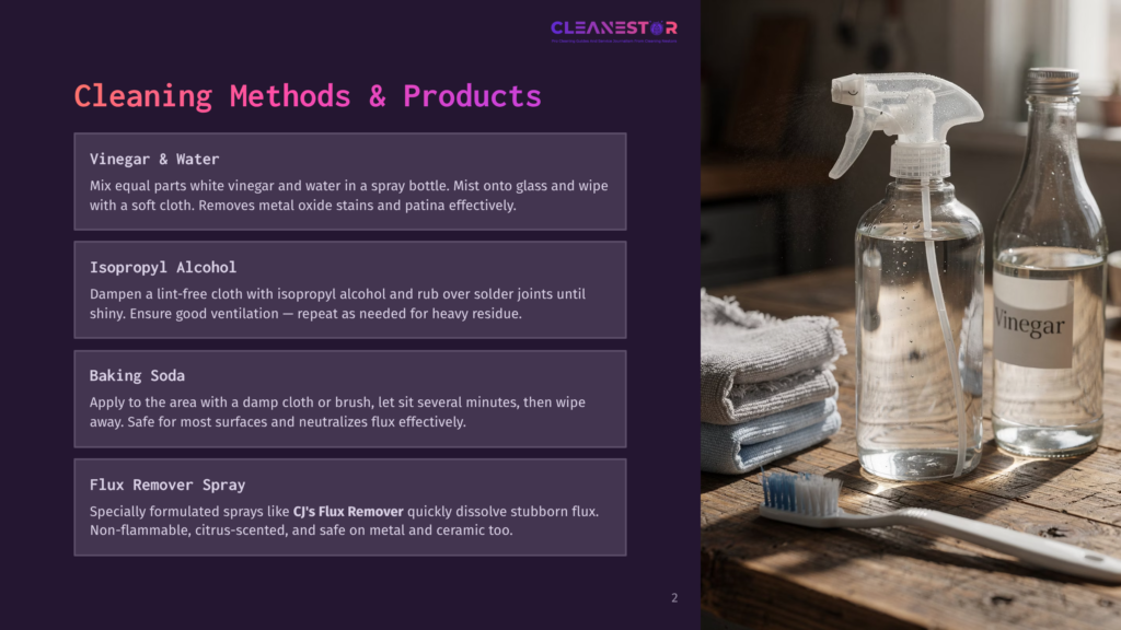 A Close-Up Shot Of Cleaning Supplies On A Wooden Table, Including A Spray Bottle Of Vinegar, A Bottle Of Isopropyl Alcohol, And A Toothbrush With Blue Bristles. Text Overlays List Cleaning Methods And Products.