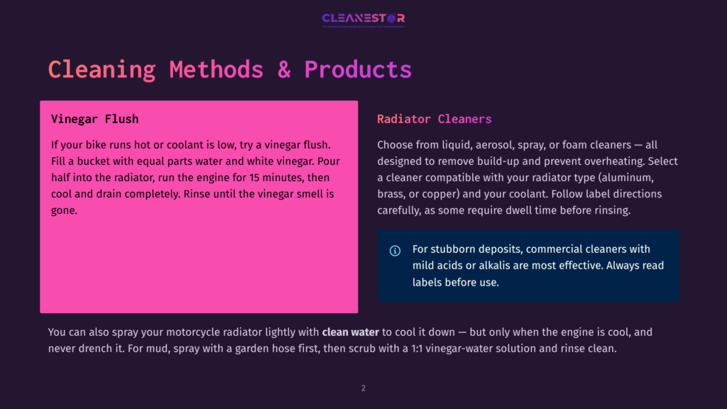 Two Distinct Sections On A Dark Purple Background: &Quot;Vinegar Flush&Quot; In Bright Pink With Instructions For Cleaning A Motorcycle Radiator With Vinegar And Water, And &Quot;Radiator Cleaners&Quot; In Red With Instructions For Using Commercial Cleaners.