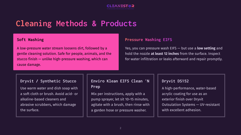 2 Cleaning Methods And Products 5 Cleanestor Cleaning Methods And Products: Soft Washing For Low-Pressure Water Cleaning, Pressure Washing Eifs For Exterior Cleaning, Dryvit / Synthetic Stucco Cleaning, Enviro Klean Eifs Clean 'N Prep, And Dryvit Ds152 For Exterior Coatings.