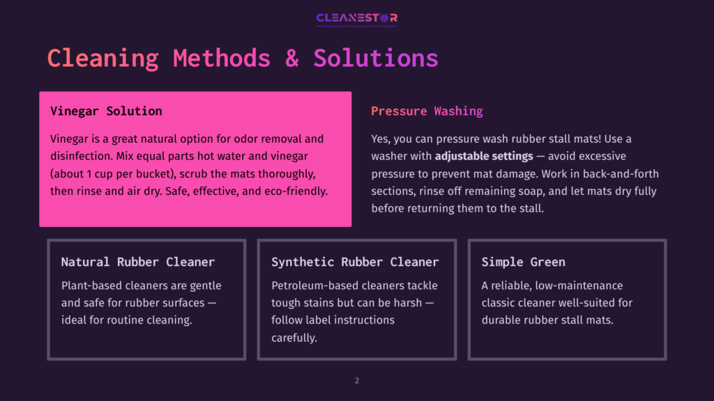 2 Cleaning Methods And Solutions 1 Cleaning Methods &Amp; Solutions: Vinegar Solution, Natural Rubber Cleaner, Synthetic Rubber Cleaner, And Simple Green Are Presented With Descriptions For Cleaning Rubber Stalls.