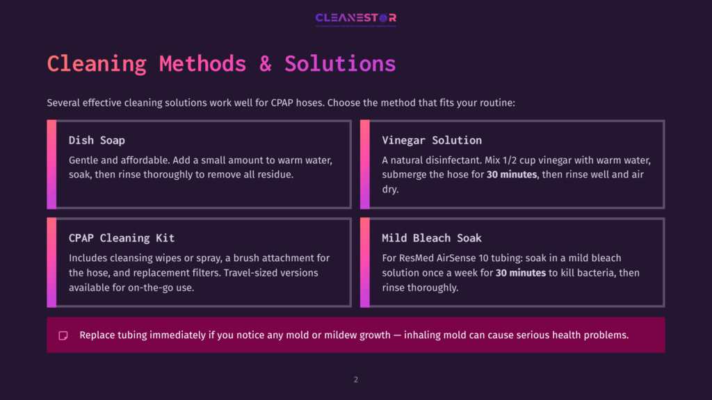 Infographic On Cpap Cleaning Methods: Dish Soap, Vinegar Solution, Cpap Cleaning Kit, And Mild Bleach Soak. Includes Cleaning Tips And A Warning About Mold.