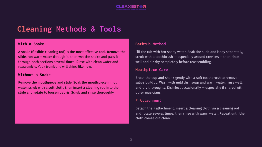 2 Cleaning Methods And Tools 1 Cleanestor Cleaning Methods And Tools: Cleaning A Trombone With A Snake And Cleaning A Mouthpiece With A Toothbrush And Mild Dish Soap.