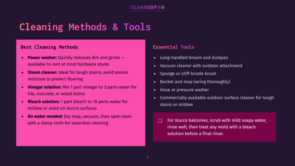 A Dark Purple Slide With A Pink Overlay Lists &Quot;Cleaning Methods &Amp; Tools.&Quot; Left Side Details Methods Like Power Washer, Steam Cleaner, Vinegar Solution, And Bleach Solution. Right Side Lists Essential Tools Like A Long-Handled Broom And Vacuum Cleaner.