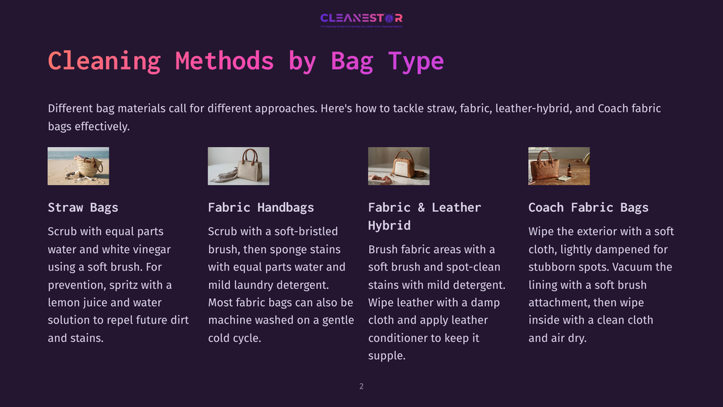 Infographic Titled &Quot;Cleaning Methods By Bag Type&Quot; Showing Four Distinct Bag Types: Straw Bags, Fabric Handbags, Fabric &Amp; Leather Hybrid, And Coach Fabric Bags, With Descriptions For Each.
