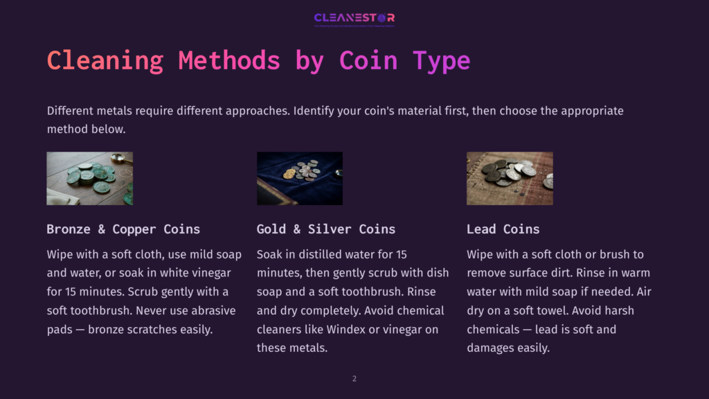 2 Cleaning Methods By Coin Type Three Distinct Groupings Of Old Coins: Bronze And Copper Coins In A Pile, Gold And Silver Coins On Blue Velvet, And Tarnished Silver And Lead Coins. The Image Is Part Of A Guide To Cleaning Coins By Type.