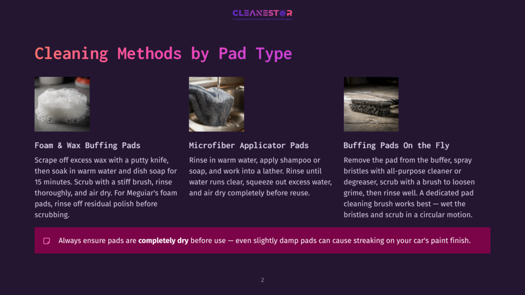 Three Images Showcasing Car Cleaning Pads: A Fluffy White Foam Pad, A Textured Grey Microfiber Applicator Pad, And A Black Buffing Pad With Bristles.