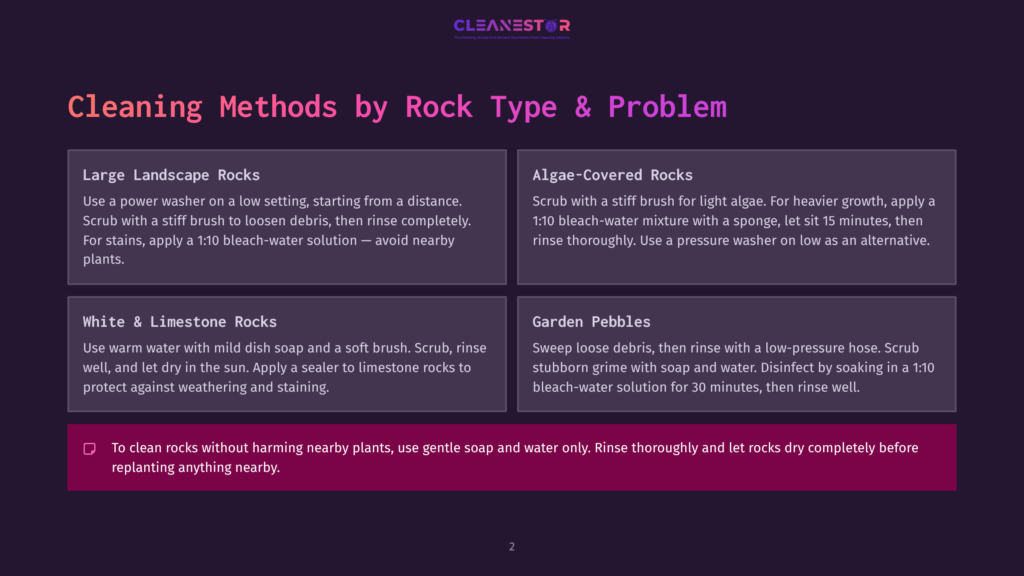 2 Cleaning Methods By Rock Type And Problem Cleaning Methods By Rock Type &Amp; Problem: Large Landscape Rocks, Algae-Covered Rocks, White &Amp; Limestone Rocks, Garden Pebbles, And Plant Care Tips.