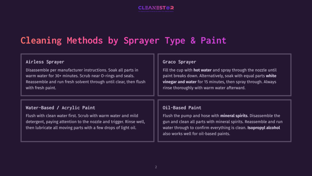 Infographic Detailing Cleaning Methods For Sprayers And Paint Types: Airless Sprayer, Graco Sprayer, Water-Based/Acrylic Paint, And Oil-Based Paint, With Cleaning Instructions.