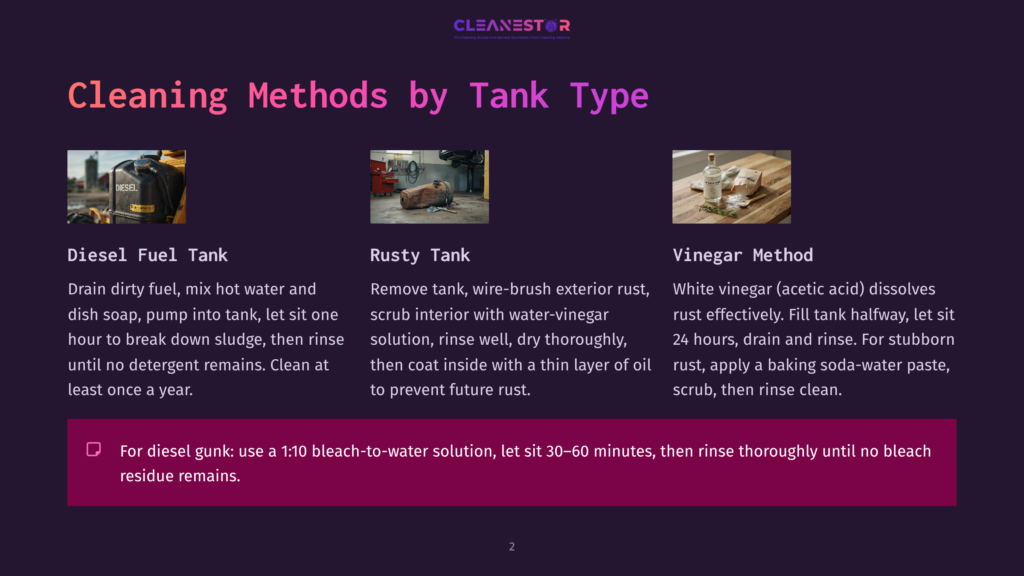 Three Cleaning Methods For Tanks: Diesel Fuel Tank Cleaning With Hot Water And Soap, Rusty Tank Rust Removal With Wire Brush And Oil, And Vinegar Method Using White Vinegar To Dissolve Rust.