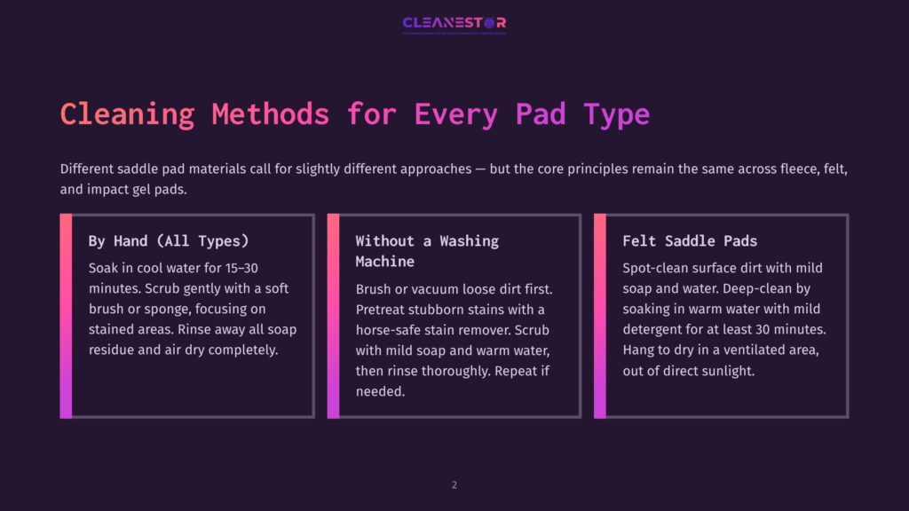 Illustration Detailing Three Saddle Pad Cleaning Methods: &Quot;By Hand,&Quot; &Quot;Without A Washing Machine,&Quot; And &Quot;Felt Saddle Pads,&Quot; With Instructions For Each.