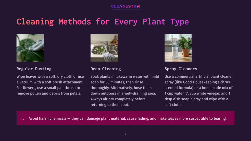 Three Cleaning Methods For Houseplants: Dusting Leaves With A Soft Brush, Deep Cleaning Plants In A Sink, And Spraying With A Homemade Cleaner. Text: Cleaning Methods For Every Plant Type.