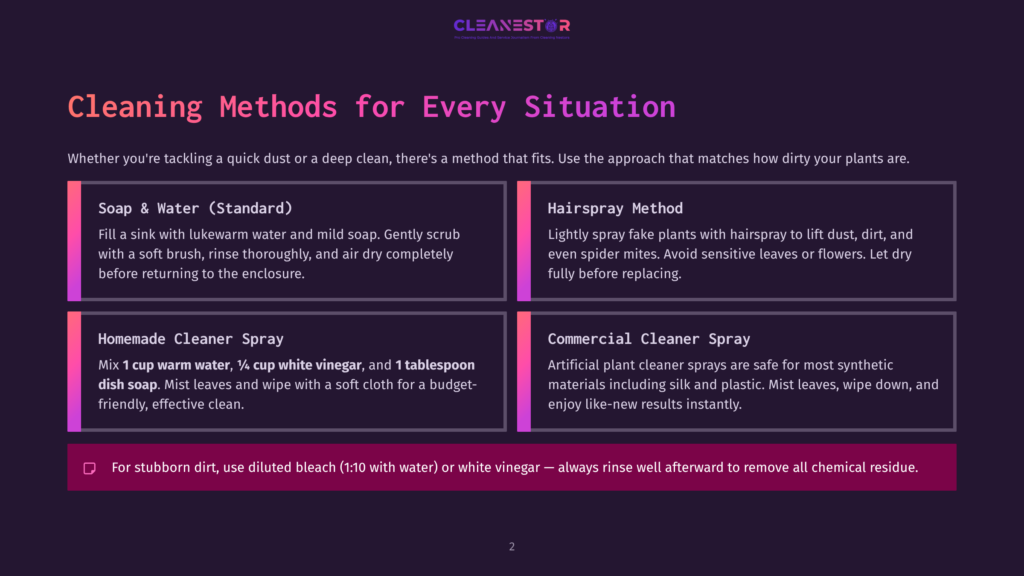 Infographic Titled &Quot;Cleaning Methods For Every Situation&Quot; Showing Four Cleaning Methods: Soap &Amp; Water, Hairspray Method, Homemade Cleaner Spray, And Commercial Cleaner Spray, With Tips For Cleaning Artificial Plants.