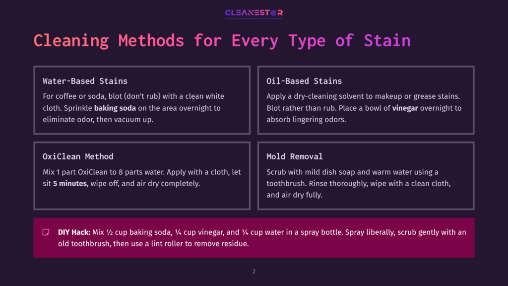 Infographic Titled &Quot;Cleaning Methods For Every Type Of Stain&Quot; Detailing Water-Based Stains, Oil-Based Stains, Oxiclean Method, And Mold Removal With A Diy Hack.