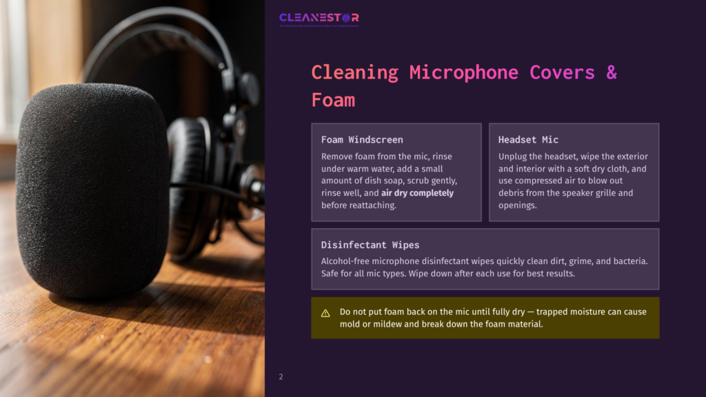 Close-Up Of A Black Microphone Foam Cover And Headphones On A Wooden Surface, With Text Overlay: &Quot;Cleanestor Cleaning Microphone Covers &Amp; Foam&Quot;.
