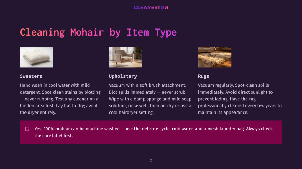 Three Images Showing How To Clean Mohair Items: A Close-Up Of A Neatly Folded Cream-Colored Mohair Sweater, An Armchair Upholstered In Textured Cream Mohair Fabric, And A Fluffy Cream-Colored Mohair Rug On A Wooden Floor.