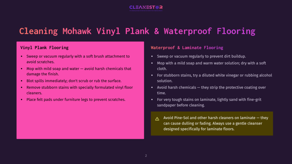 Dark Background With Two Columns Of Text. The Left Column, On A Pink Background, Details Cleaning Instructions For Vinyl Plank Flooring. The Right Column, On A Dark Background, Provides Cleaning Tips For Waterproof &Amp; Laminate Flooring And Includes A Yellow Warning Icon.