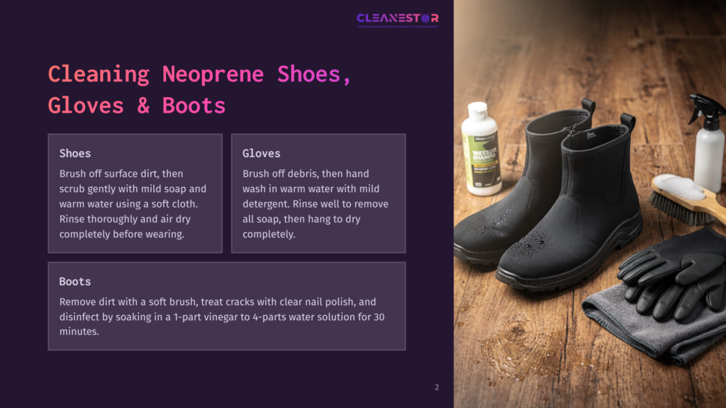 A Pair Of Black Neoprene Boots And Gloves Sit On A Wooden Floor Next To Cleaning Supplies, Including A Spray Bottle And A White Bottle Of Detergent. The Scene Illustrates Cleaning Neoprene Shoes, Gloves, And Boots.
