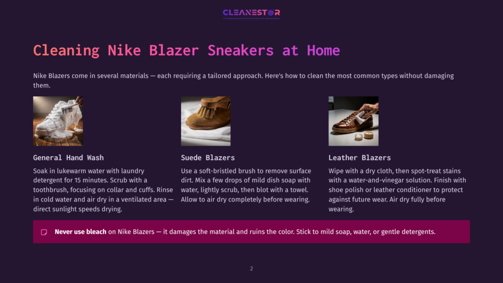 Three Images Show Methods For Cleaning Nike Blazer Sneakers: General Hand Wash With Sneakers In A Sink, Suede Blazers With A Suede Brush And Sneakers, And Leather Blazers With A Cloth And Shoe Polish.