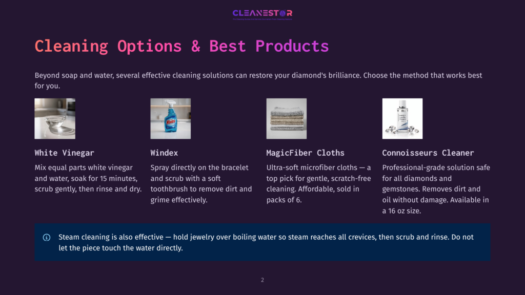 Four Cleaning Options For Jewelry: White Vinegar, Windex, Magicfiber Cloths, And Connoisseurs Cleaner, Displayed With Product Images And Descriptions.