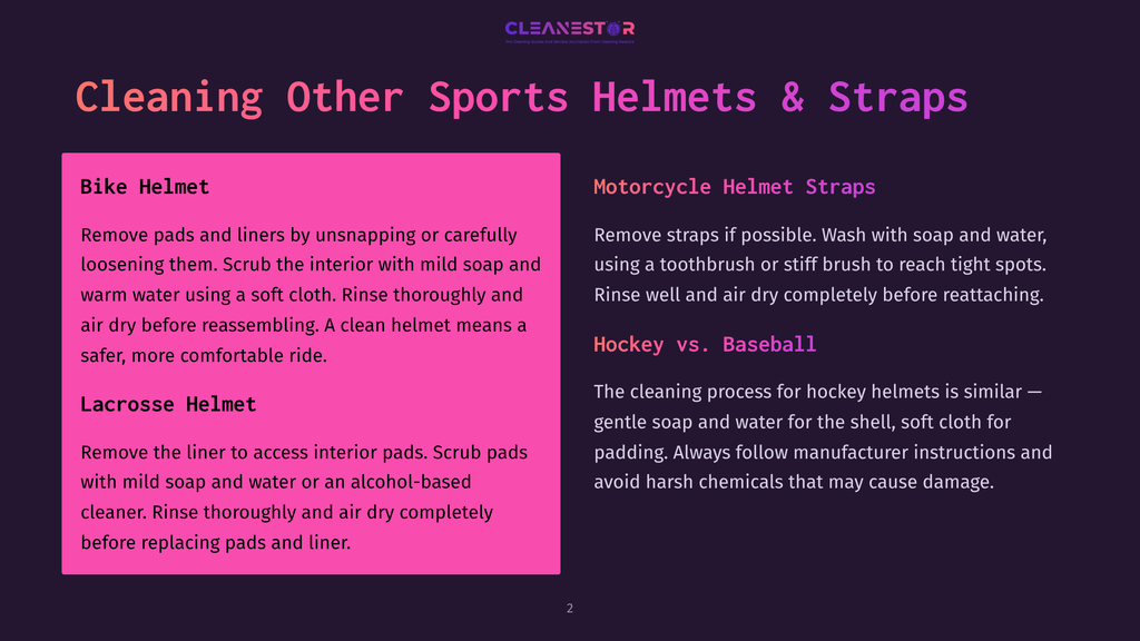 A Dark Purple Background With The Text &Quot;Cleanestor&Quot; And &Quot;Cleaning Other Sports Helmets &Amp; Straps&Quot; In White Text. Below, Two Pink Boxes Detail Cleaning Instructions For Different Sports Helmets.