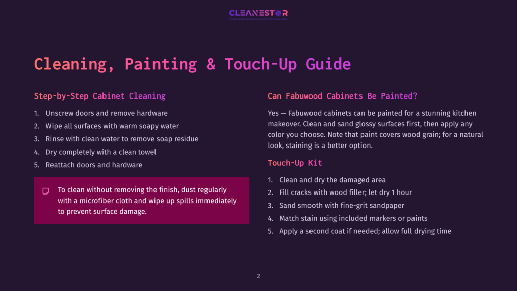 Guide For Cleaning, Painting, And Touching Up Fabuwood Cabinets. Includes Step-By-Step Instructions For Cleaning And A Touch-Up Kit Guide.