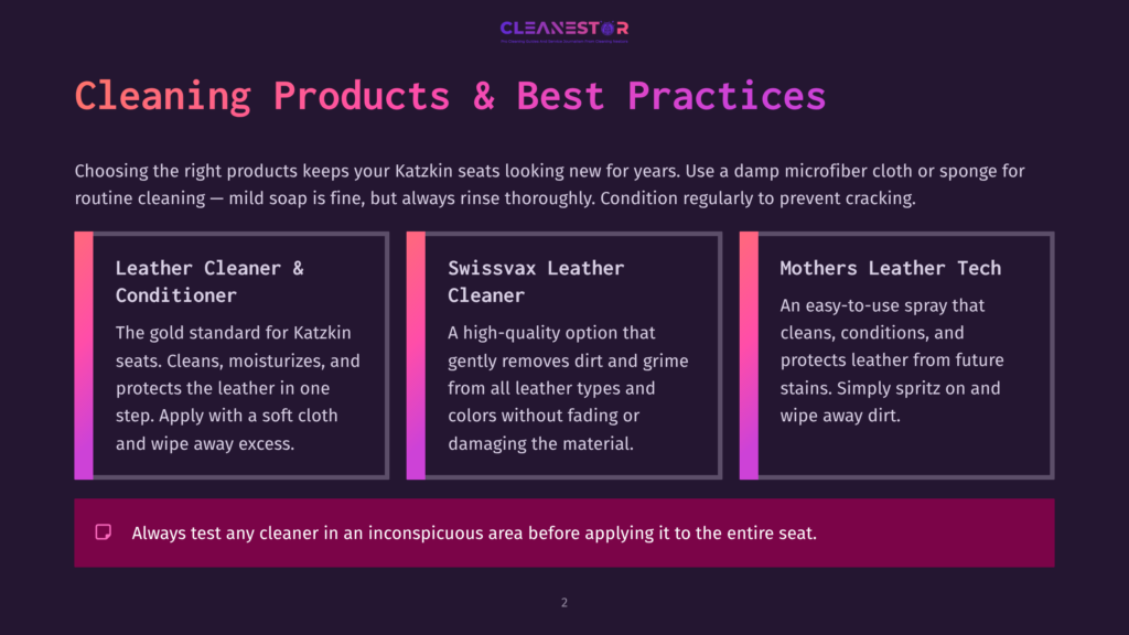 2 Cleaning Products And Best Practices Three Panels With Text About Katzkin Leather Seat Cleaning Products: &Quot;Leather Cleaner &Amp; Conditioner&Quot;, &Quot;Swissvax Leather Cleaner&Quot;, And &Quot;Mothers Leather Tech&Quot;. The Bottom Reads &Quot;Always Test Any Cleaner In An Inconspicuous Area Before Applying It To The Entire Seat.