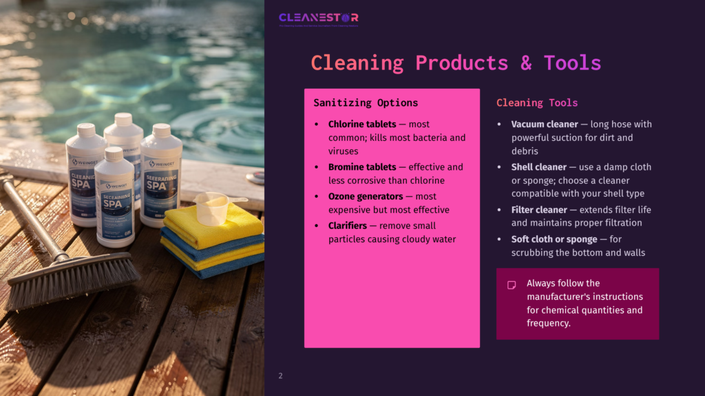 Four Bottles Of Spa Cleaning Chemicals, Including &Quot;Degreasing Spa,&Quot; Sit On A Wooden Deck Next To Yellow And Blue Cleaning Sponges And A Pool Brush. Text On The Bottles Is Visible.