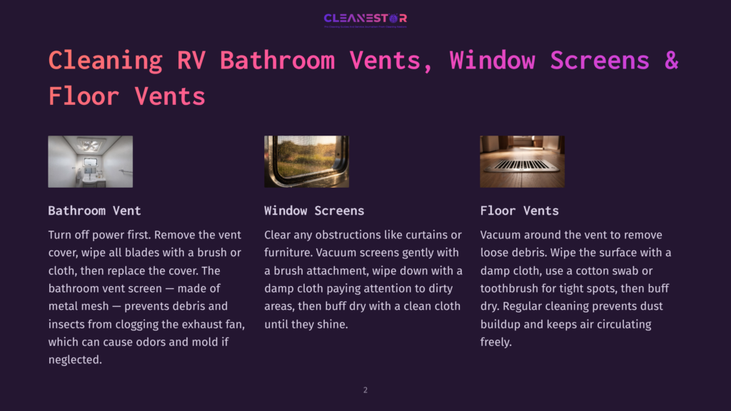 Three Images Showcase Cleaning Rv Bathroom Vents, Window Screens, And Floor Vents. The First Shows A Clean Rv Bathroom Vent. The Second Displays A Close-Up Of A Dirty Window Screen. The Third Image Features A Clean Floor Vent.