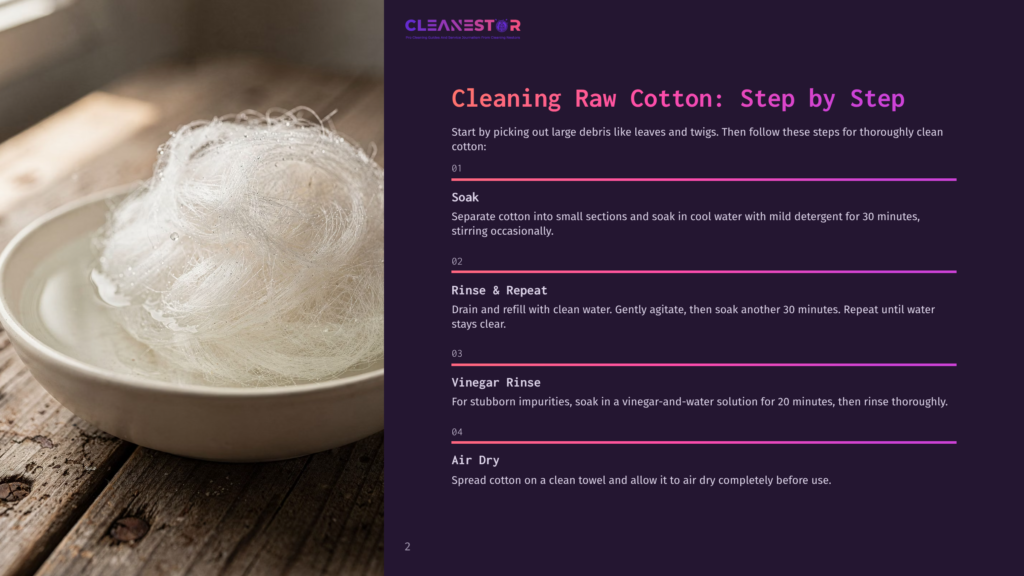 A Close-Up Of Raw Cotton Fibers Soaking In A White Bowl Of Water, With Text Overlay Detailing Steps For Cleaning Raw Cotton.