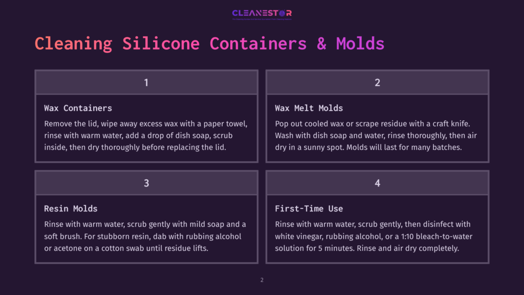 2 Cleaning Silicone Containers And Molds Infographic Detailing How To Clean Silicone Containers And Molds, With Sections On Wax Containers, Wax Melt Molds, Resin Molds, And First-Time Use.