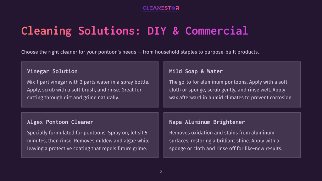 Cleanestor Logo Above A Graphic Detailing Diy And Commercial Cleaning Solutions For Pontoon Boats, Including Vinegar Solution, Mild Soap &Amp; Water, Algex Pontoon Cleaner, And Napa Aluminum Brightener.