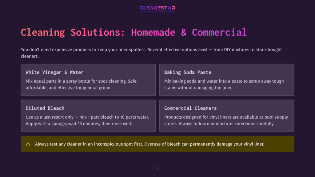 Infographic Titled &Quot;Cleaning Solutions: Homemade &Amp; Commercial&Quot; Detailing Diy Cleaning Recipes For Vinyl Liners Using White Vinegar, Baking Soda, And Diluted Bleach, Alongside Commercial Cleaner Options.