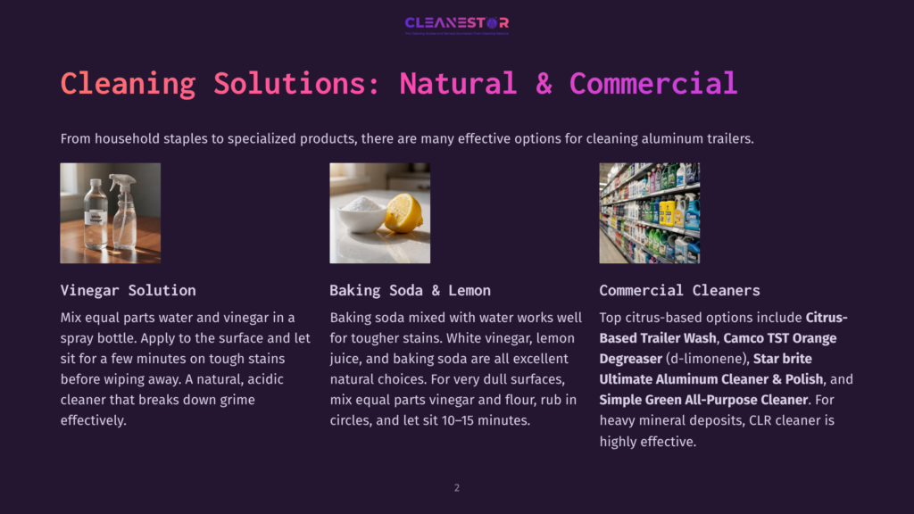 2 Cleaning Solutions Natural And Commercial Three Cleaning Solution Options: Vinegar Solution With Spray Bottle And Vinegar, Baking Soda &Amp; Lemon With A Bowl Of Baking Soda And Lemon, And Commercial Cleaners With Shelves Of Cleaning Products.