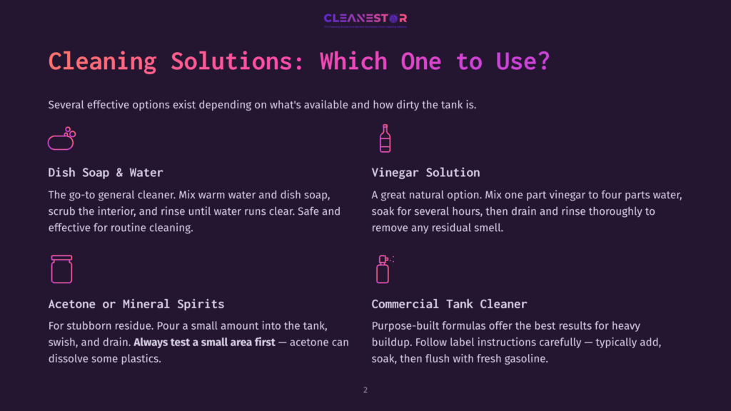 Cleaning Solutions Comparison: Dish Soap, Vinegar, Acetone, And Commercial Tank Cleaner For Dirty Tanks. Includes Icons And Descriptions.