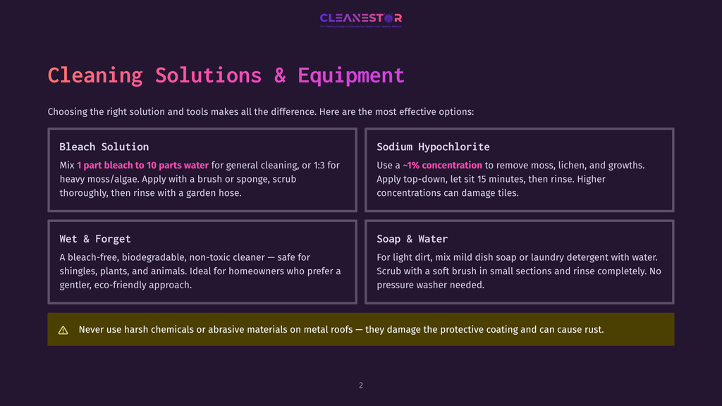 2 Cleaning Solutions And Equipment A Dark Purple Background With A White And Purple Cleanestor Logo At The Top. Below The Logo, The Text &Quot;Cleaning Solutions &Amp; Equipment&Quot; Is Displayed In Large White Lettering. The Majority Of The Image Is Divided Into Four Quadrants, Each Detailing A Cleaning Solution: Bleach Solution, Sodium Hypochlorite, Wet &Amp; Forget, And Soap &Amp; Water. Each Quadrant Includes A Brief Description Of The Solution And Its Uses. A Yellow Warning Bar At The Bottom Reads &Quot;Never Use Harsh Chemicals Or Abrasive Materials On Metal Roofs - They Damage The Protective Coating And Can Cause Rust.
