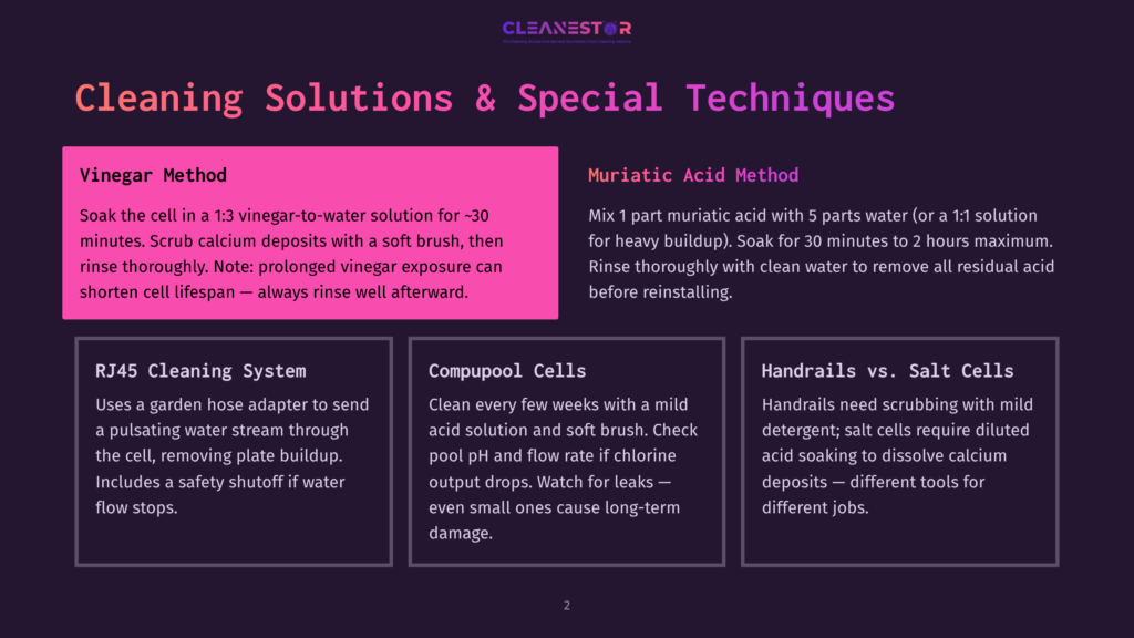 Infographic Detailing Cleaning Solutions And Special Techniques For Pool Maintenance. Sections Cover Vinegar Method, Muratic Acid Method, Rj45 Cleaning System, Compupool Cells, And Handrails Vs. Salt Cells.