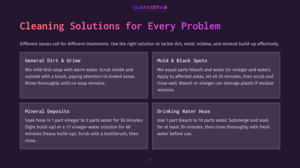 Cleaning Solutions For Every Problem: General Dirt &Amp; Grime, Mold &Amp; Black Spots, Mineral Deposits, And Drinking Water Hose Solutions Detailed In A Graphic With Text.