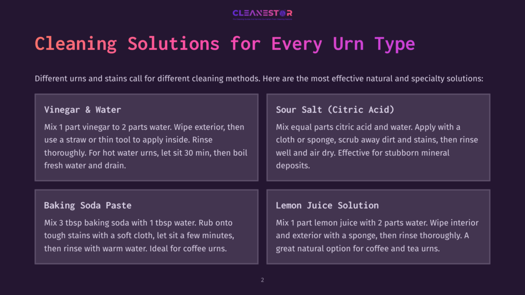 Cleaning Solutions For Every Urn Type: Vinegar &Amp; Water, Sour Salt (Citric Acid), Baking Soda Paste, And Lemon Juice Solution Cleaning Methods For Urns.