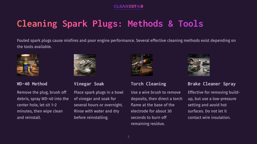 Four Methods For Cleaning Spark Plugs: Wd-40 Spray, Vinegar Soak, Torch Cleaning With A Wire Brush, And Brake Cleaner Spray. Text Includes &Quot;Cleaning Spark Plugs: Methods &Amp; Tools&Quot;.