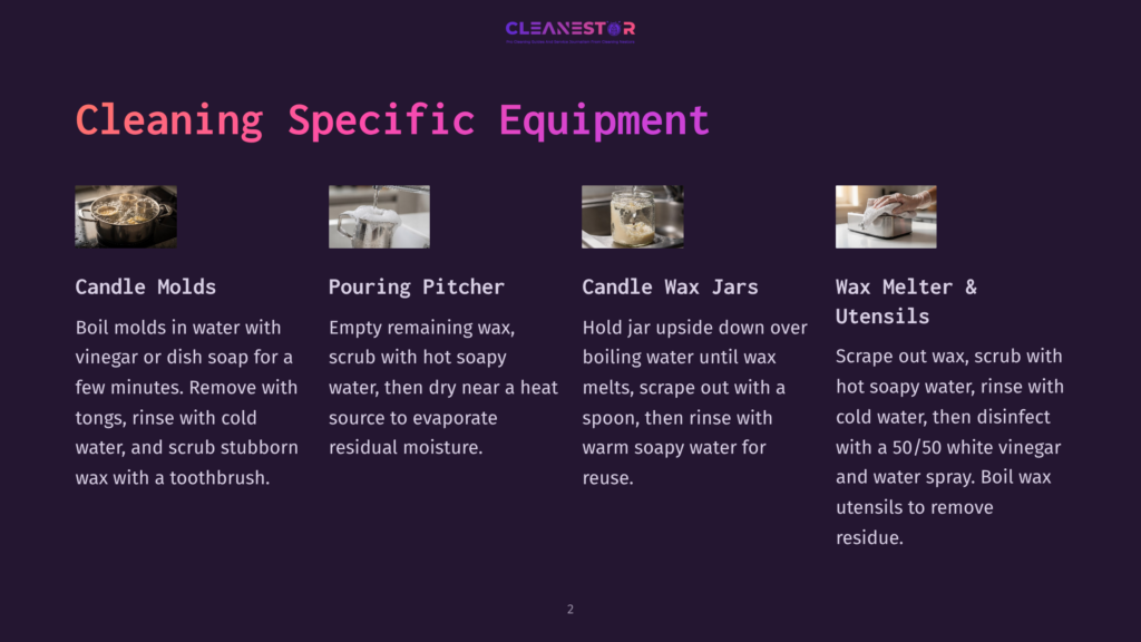 Cleaning Specific Equipment: Candle Molds, Pouring Pitchers, Candle Wax Jars, And Wax Melters &Amp; Utensils Are Shown With Cleaning Instructions.