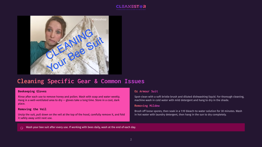 2 Cleaning Specific Gear And Common Issues A Woman In A Blue Hoodie Holds Up A Stained And Dirty Bee Suit, Smiling And Pointing To The &Quot;Cleaning Your Bee Suit&Quot; Text Overlay. The Video Title &Quot;Cleaning Your Bee Suit&Quot; Is Visible.