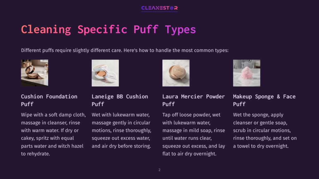Four Cosmetic Puffs For Cleaning: Foundation Puff, Bb Cushion Puff, Powder Puff, And Makeup Sponge, Each With Cleaning Instructions.