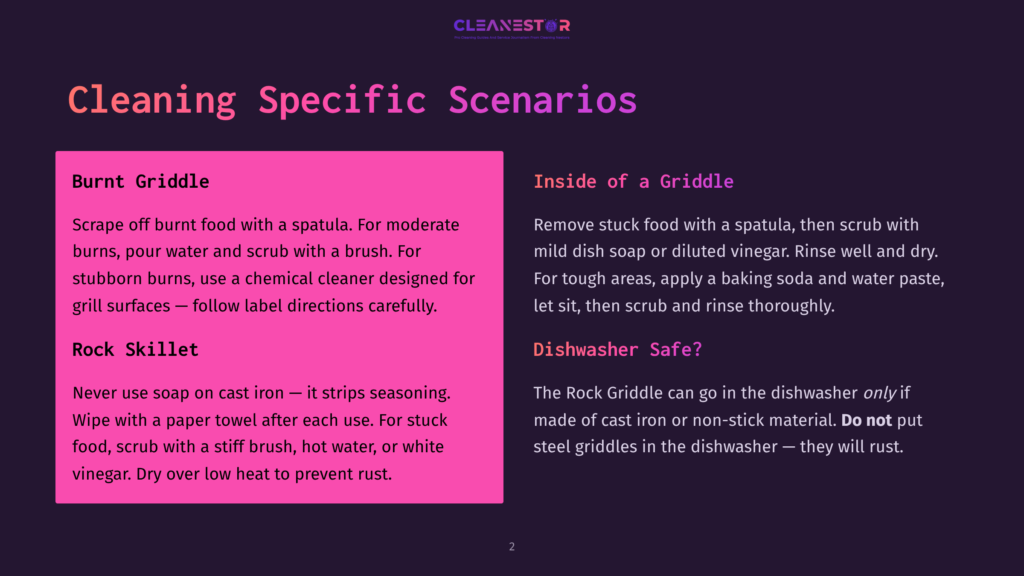Cleanestor Logo At The Top Of A Slide With Text About Cleaning Specific Scenarios: Burnt Griddle, Rock Skillet, And Inside Of A Griddle, And Dishwasher Safe.