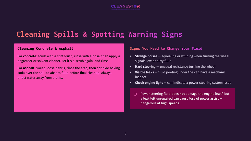 2 Cleaning Spills And Spotting Warning Signs A Dark Purple Slide With The Title &Quot;Cleaning Spills &Amp; Spotting Warning Signs&Quot; In White Text. The Slide Lists Tips For Cleaning Spills On Concrete And Asphalt, And Warning Signs For Power Steering Fluid Leaks, Such As Strange Noises And Visible Leaks.