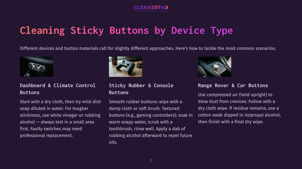 2 Cleaning Sticky Buttons By Device Type The Image Displays Three Distinct Sections For Cleaning Sticky Buttons On Devices And Car Interiors. The Left Section Shows A Car'S Dashboard With Climate Control Buttons. The Middle Section Features A Close-Up Of A Game Controller With Sticky Rubber Buttons. The Right Section Shows A Car'S Steering Wheel And Interior Buttons, Suggesting Cleaning Solutions For Range Rover And Car Buttons.