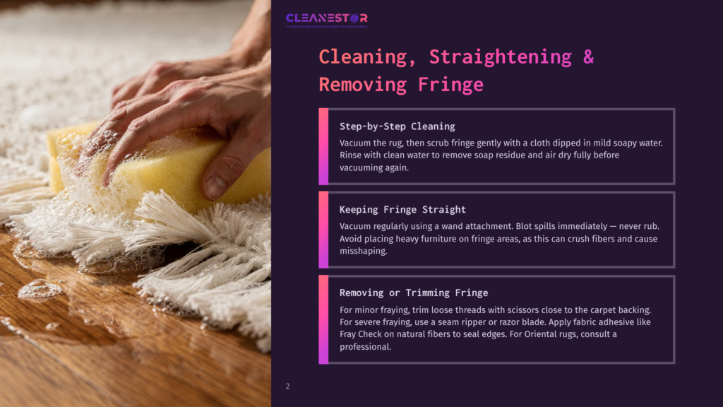 Close-Up Of Hands Cleaning A Rug Fringe With A Yellow Sponge And Soapy Water, Demonstrating Rug Cleaning And Fringe Maintenance.